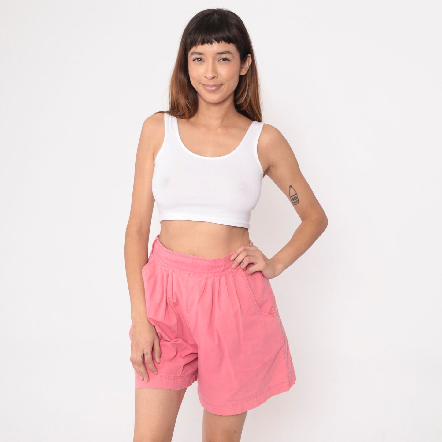 90s Pink Cotton Pleated Shorts High Waist Adjustable Medium