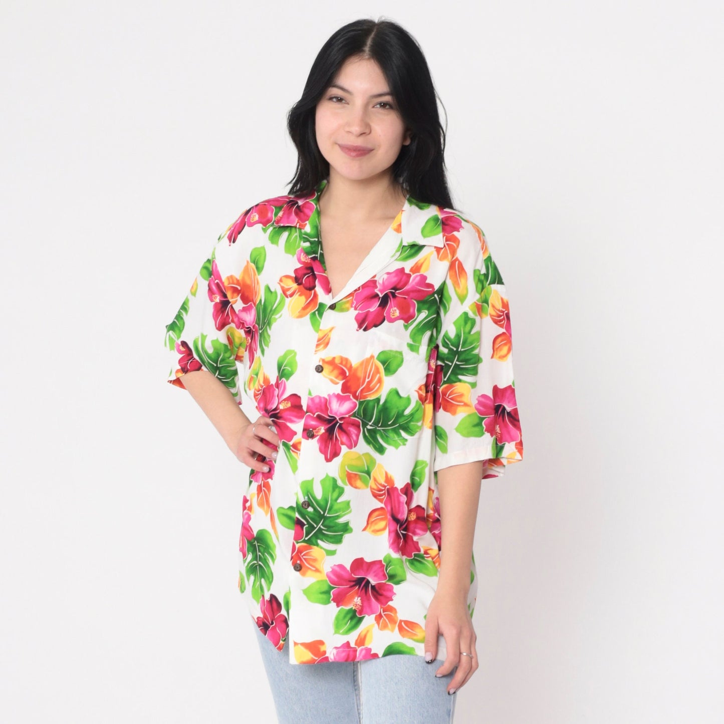 90s Two Palms Hawaiian Shirt White Tropical Floral Button Up Large