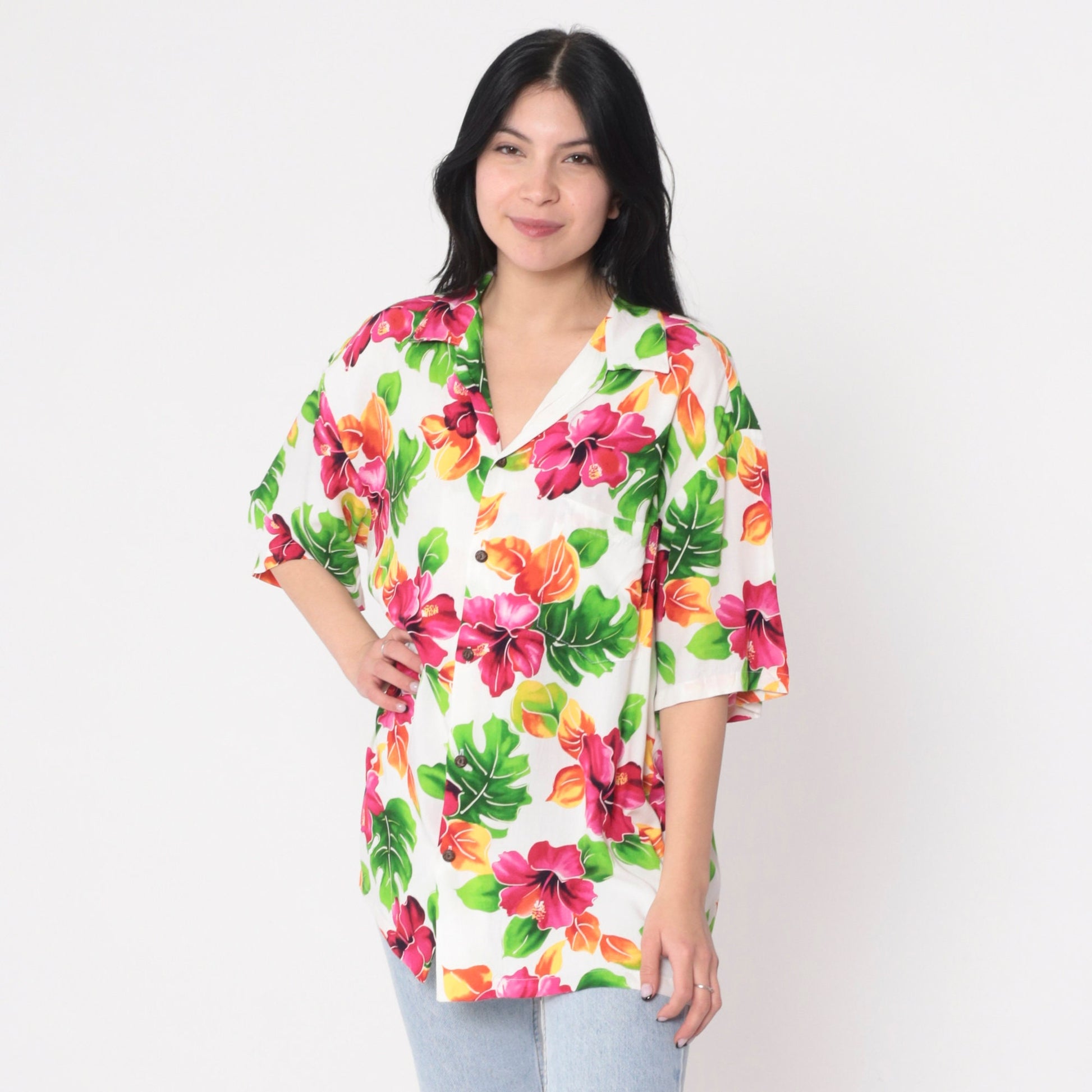 90s Two Palms Hawaiian Shirt White Tropical Floral Button Up Large