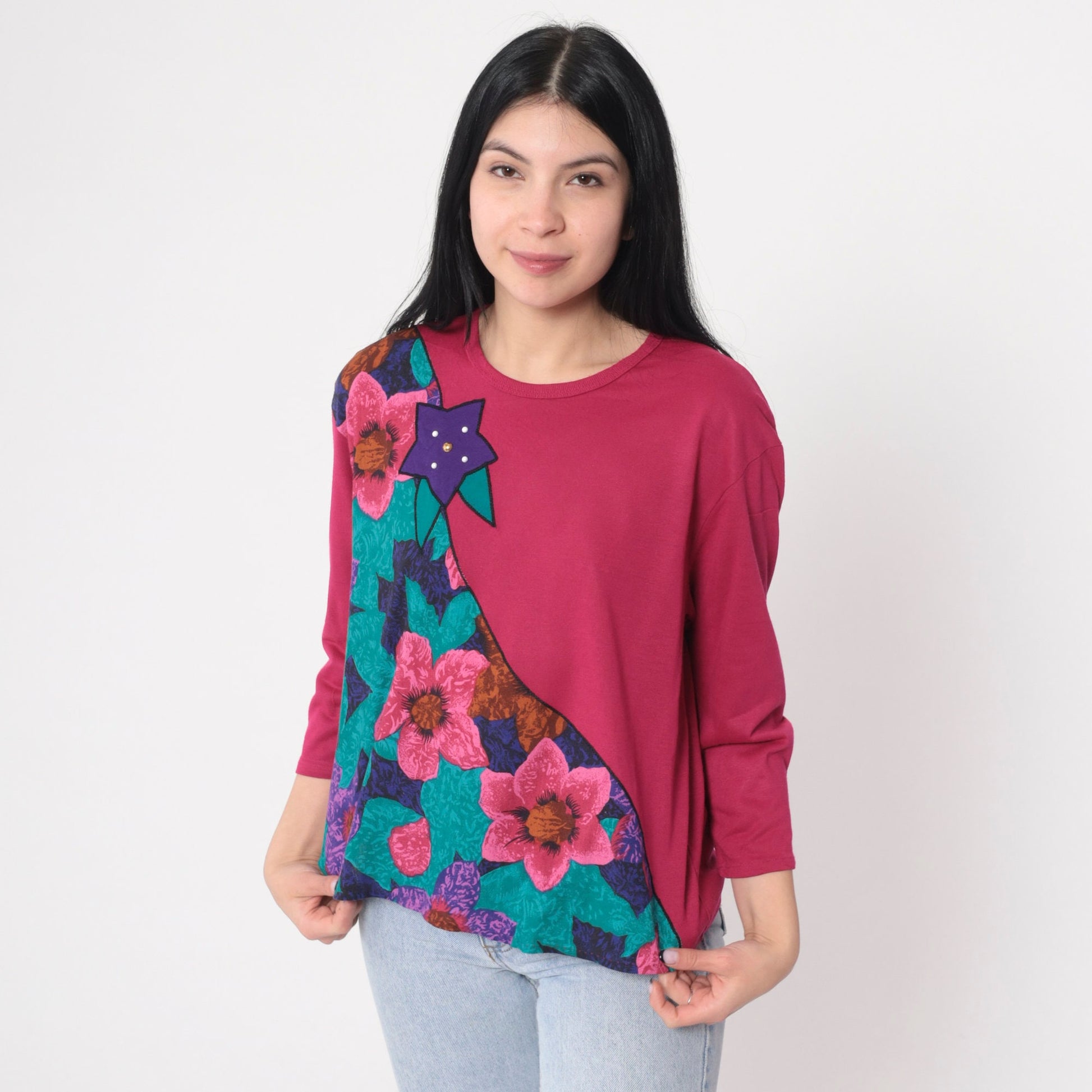 90s Pink Floral Long Sleeve Blouse Pearl Beaded Colorblock Shirt Medium