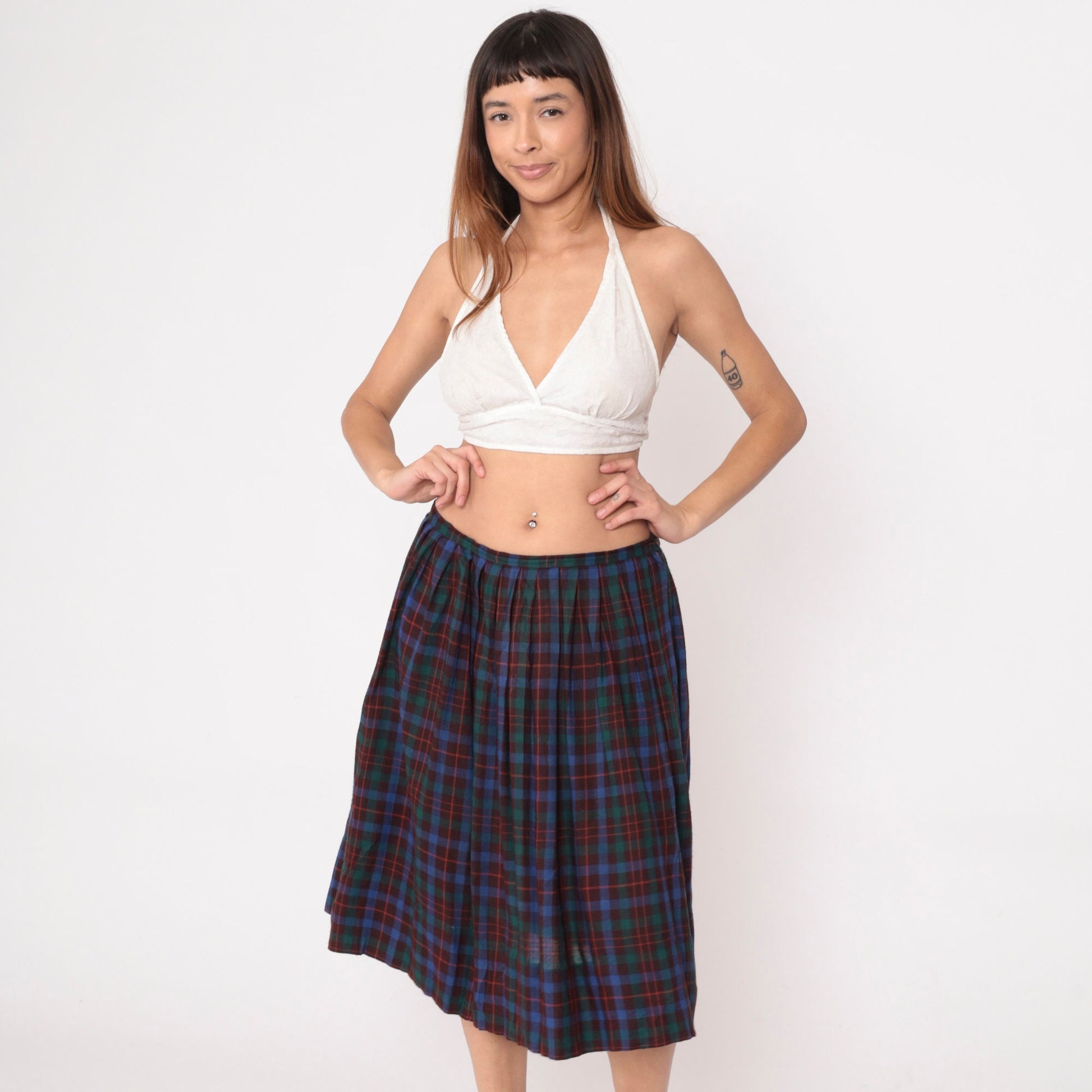80s Maroon Blue Green Plaid Midi Skirt High Waist Pleated Large