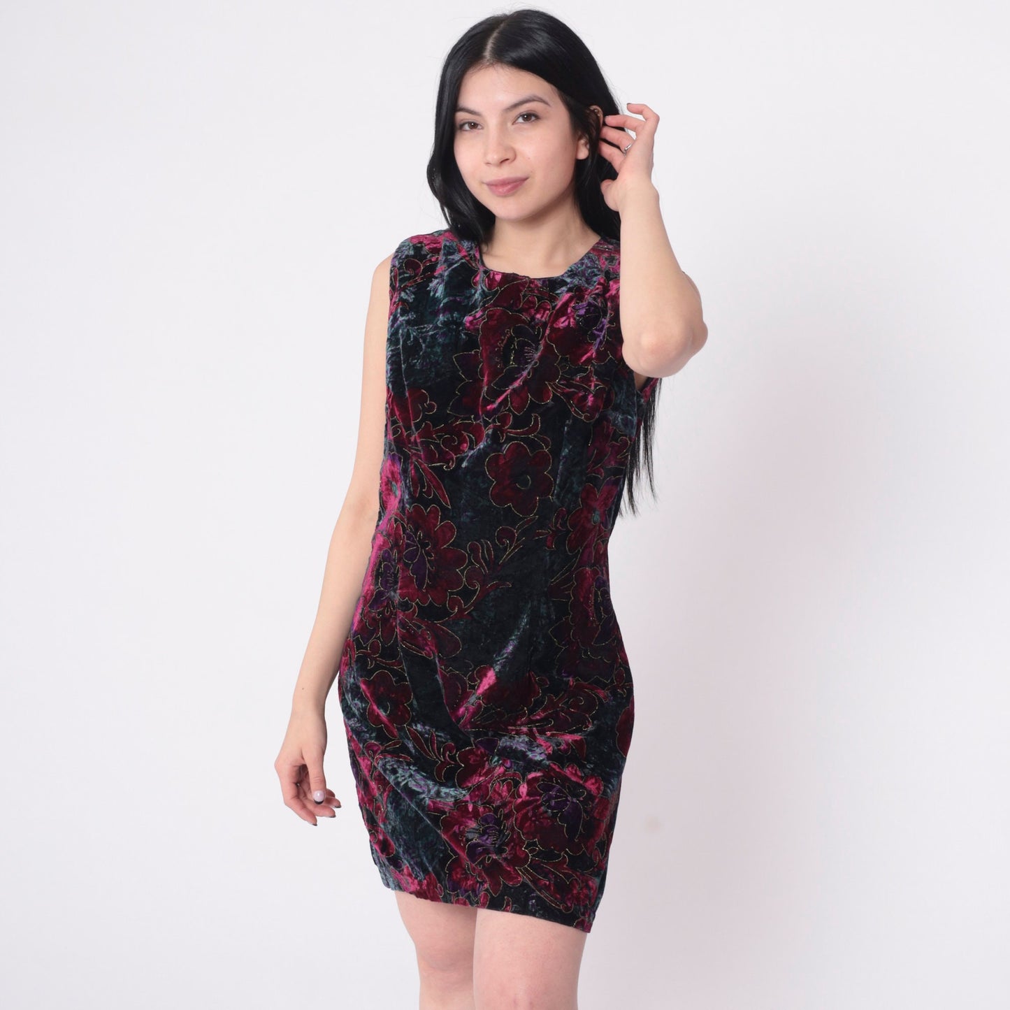 90s Velvet Floral Metallic Mini Dress Sleeveless Shift Jewel Tone Medium