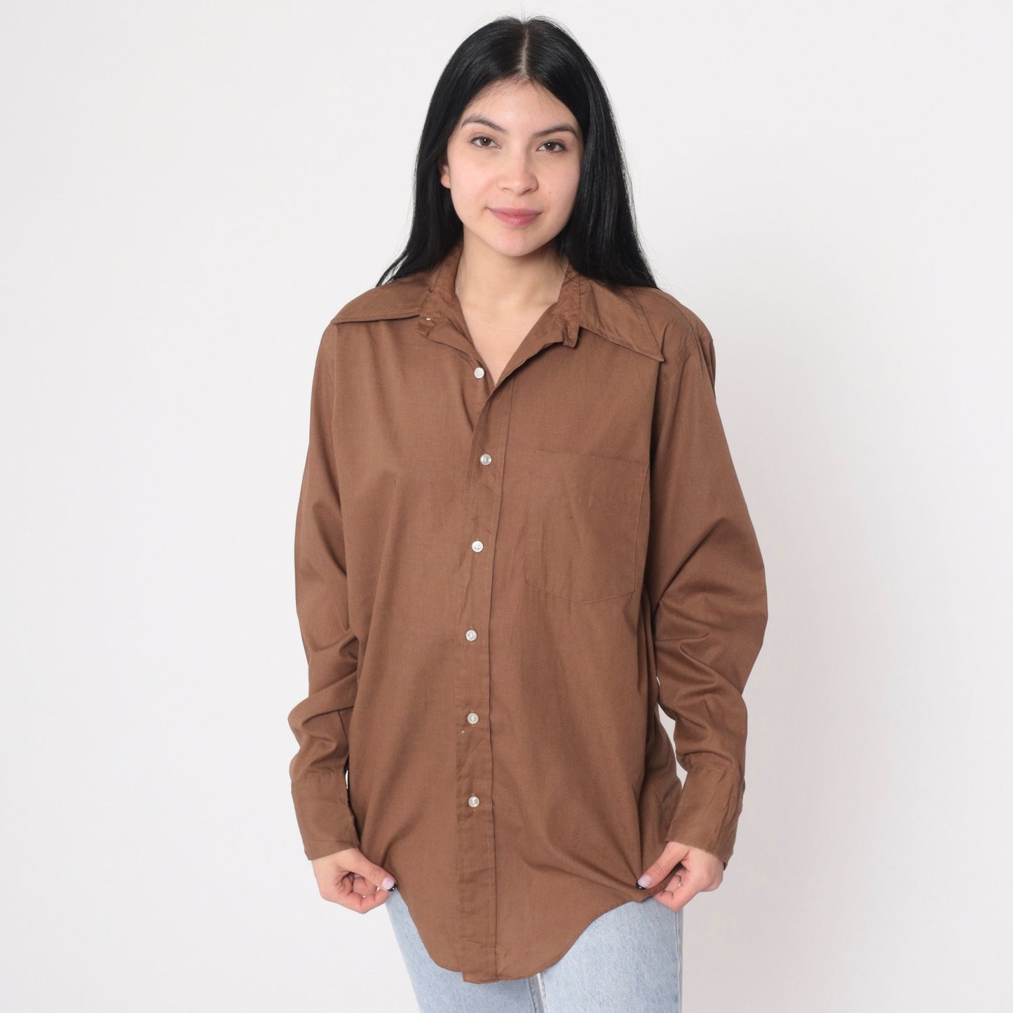 70s Cocoa Brown Wing Collar Button-Up Shirt Long Sleeve Mens Medium