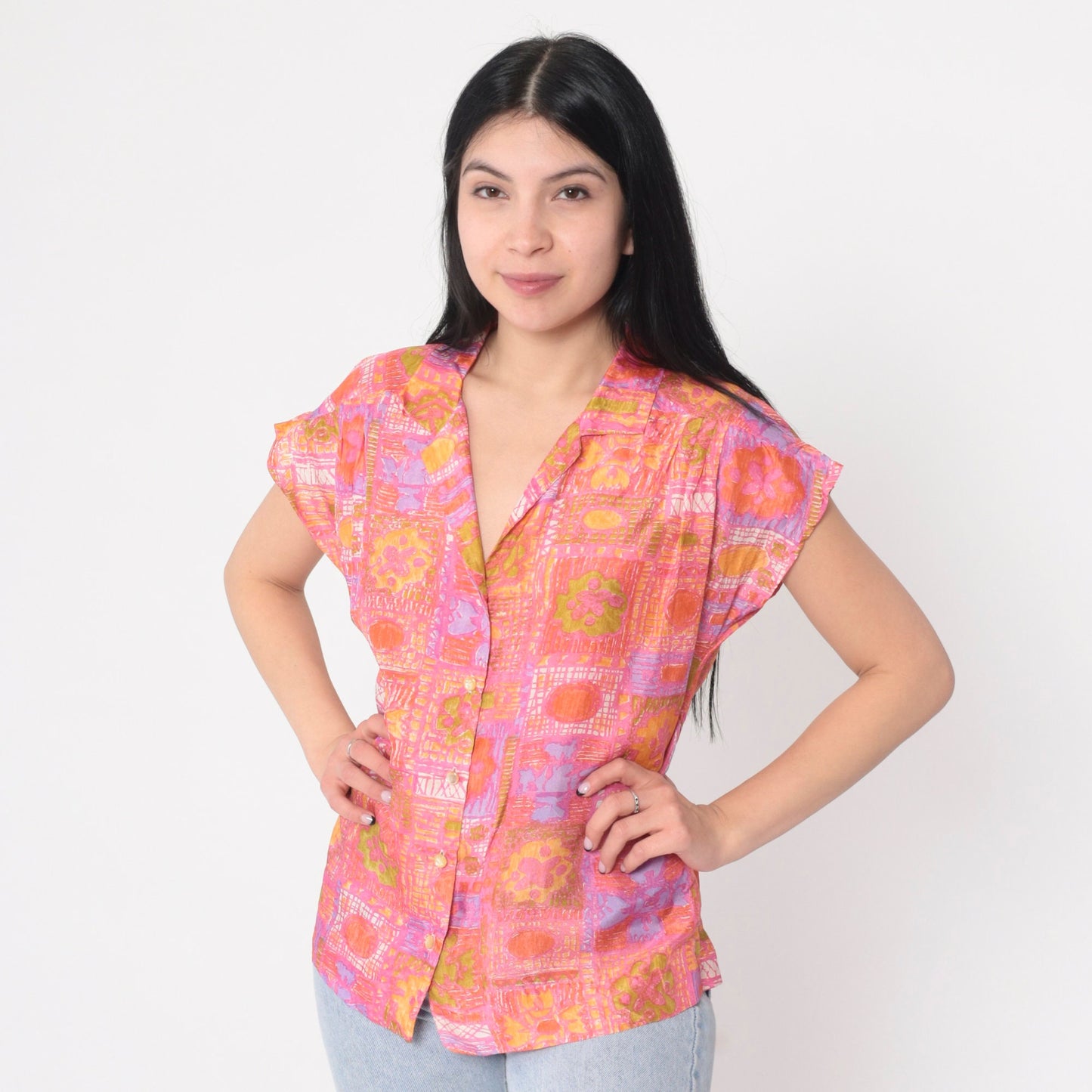 70s Abstract Floral Silk Blouse Pink Orange Cap Sleeve Button Up Large