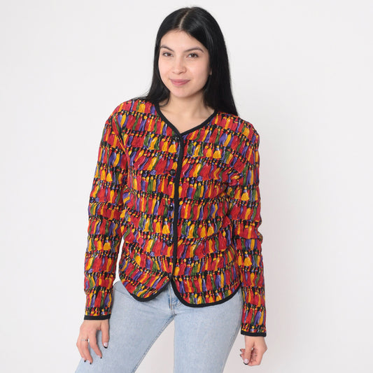 90s Quilted Jacket Colorful Tassel Print Button-Up Blazer Small