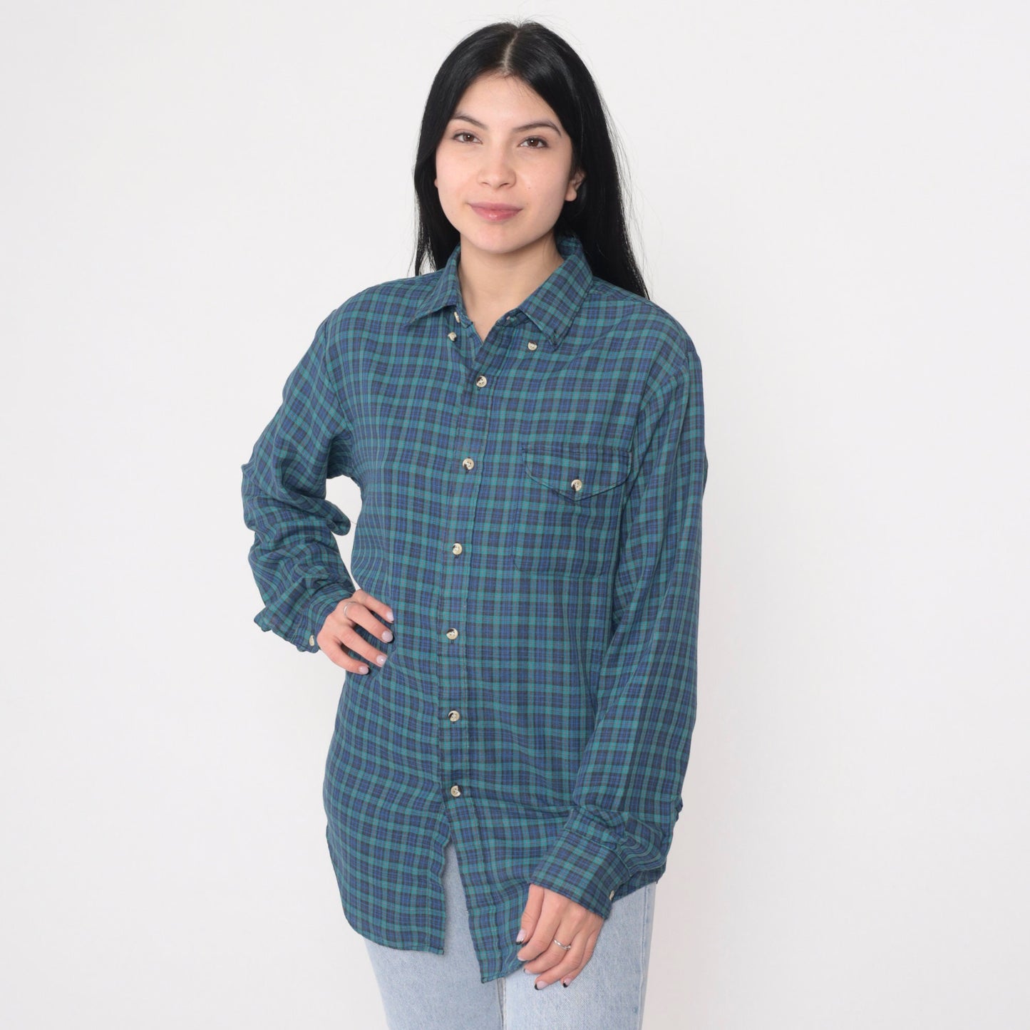 90s Chevalier Royale Flannel Shirt Blue Green Plaid Button-Up Medium