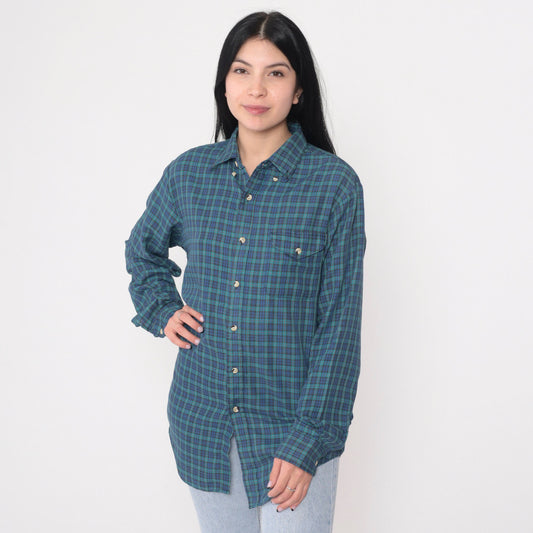 90s Chevalier Royale Flannel Shirt Blue Green Plaid Button-Up Medium