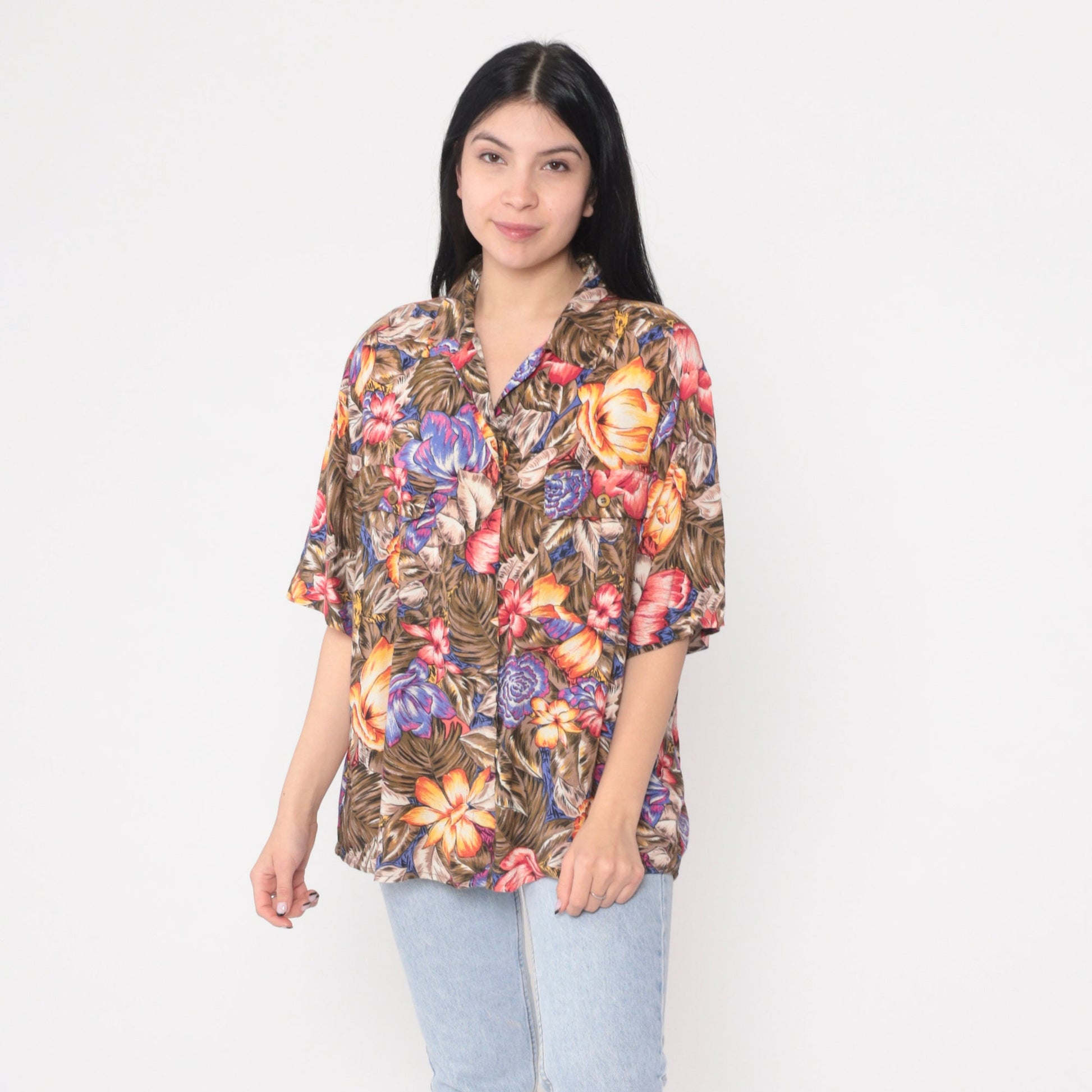 90s Tropical Floral Button-Up Shirt Leaf Print Hawaiian Blouse Plus Size 16W