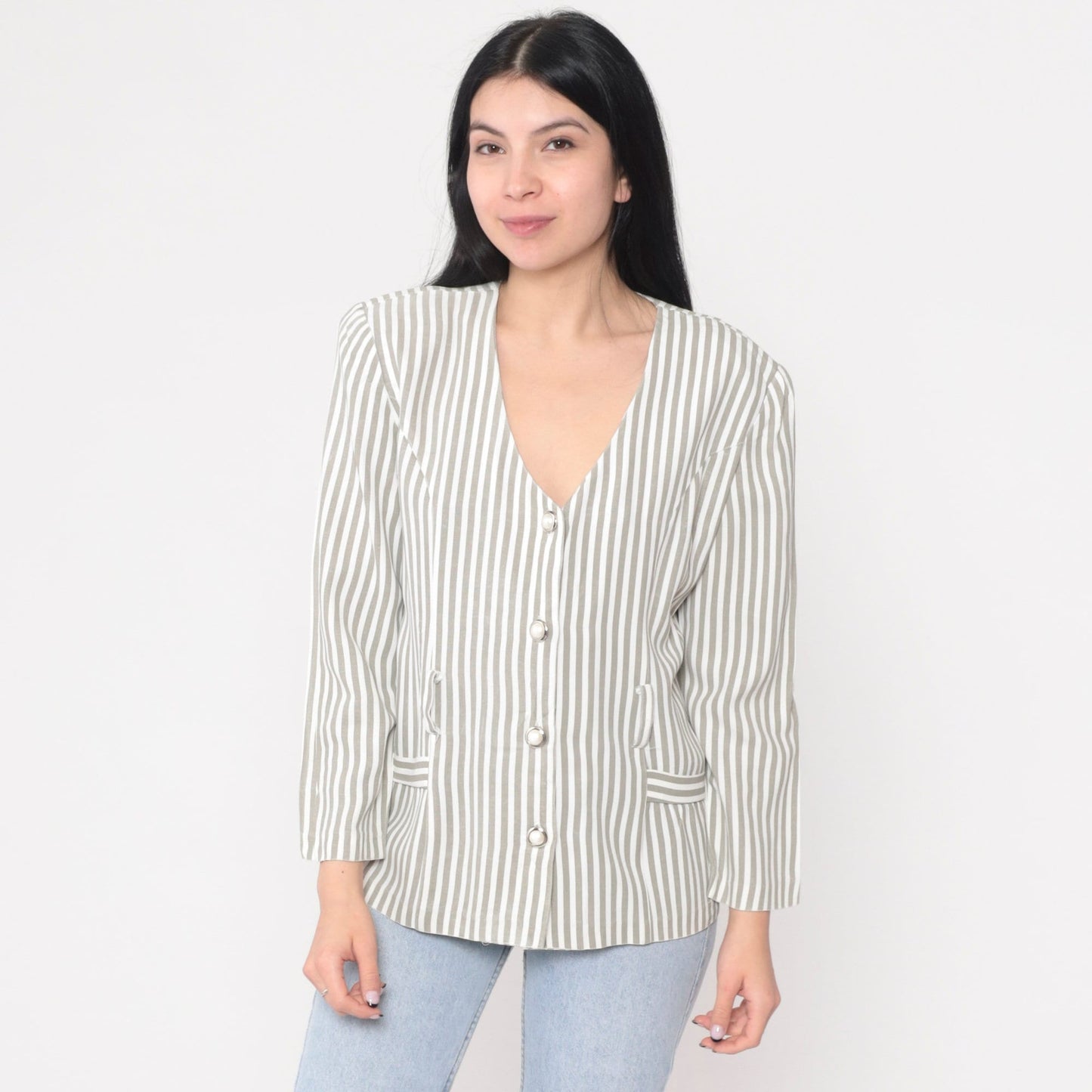 90s Striped Puff Sleeve Blouse Button-Up V-Neck Shirt Small S