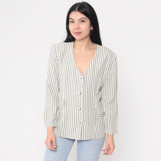 90s Striped Puff Sleeve Blouse Button-Up V-Neck Shirt Small S