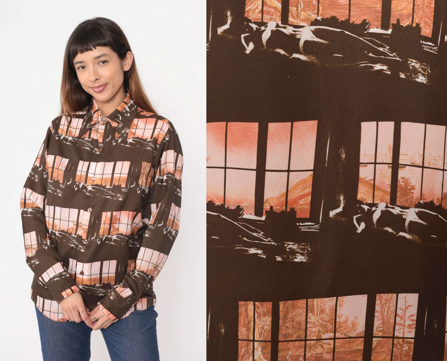 70s Disco Shirt Brown Art Print Button Up Dagger Collar Long Sleeve Medium