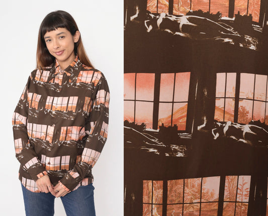 70s Disco Shirt Brown Art Print Button Up Dagger Collar Long Sleeve Medium