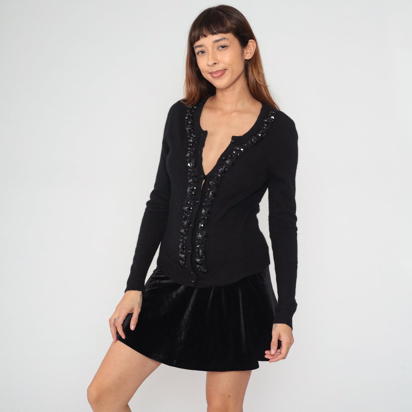 Y2K Black Cashmere Cardigan Rhinestone Beaded Button-Up Sweater Medium M