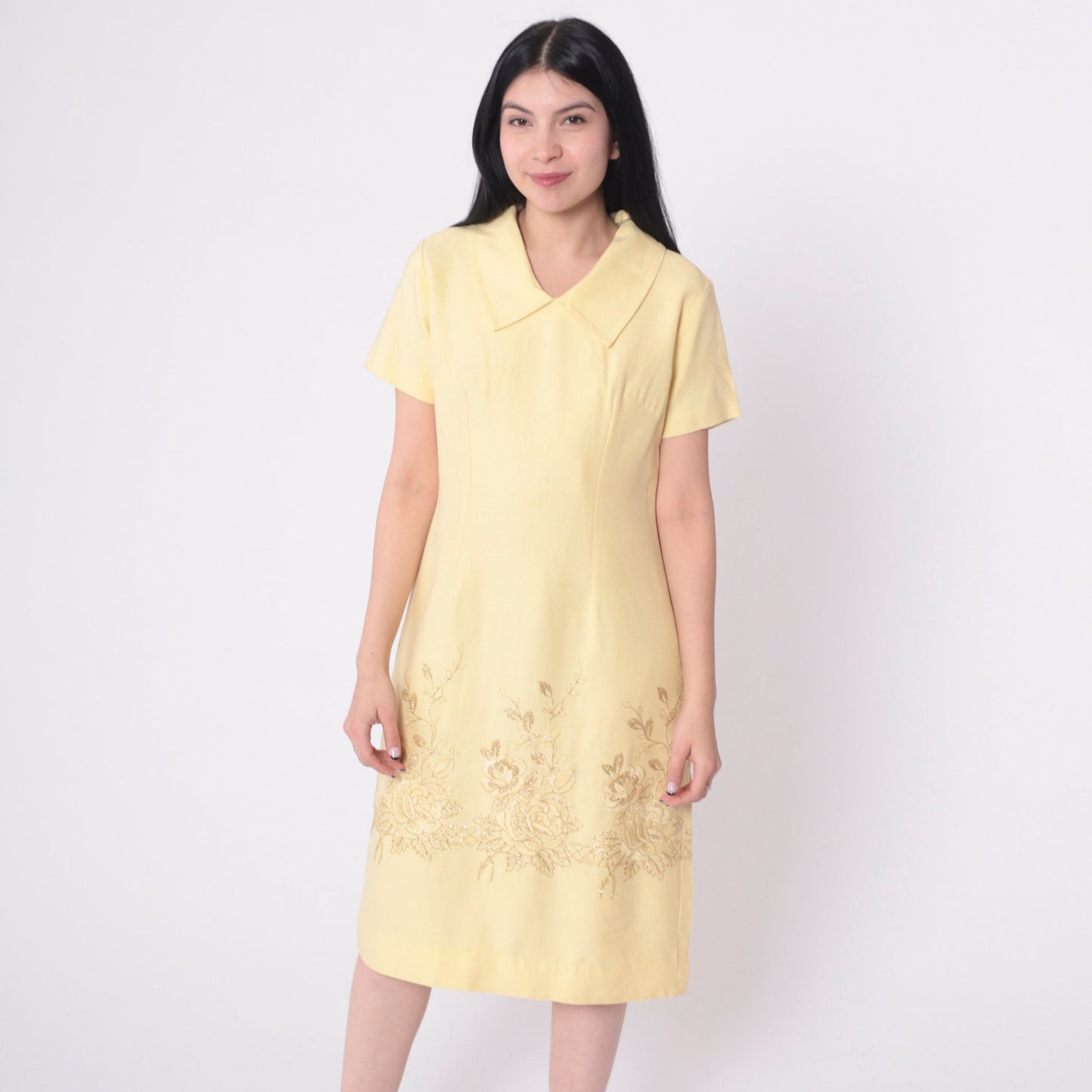 60s Mod Shift Dress Pale Yellow Metallic Gold Floral Embroidery Medium