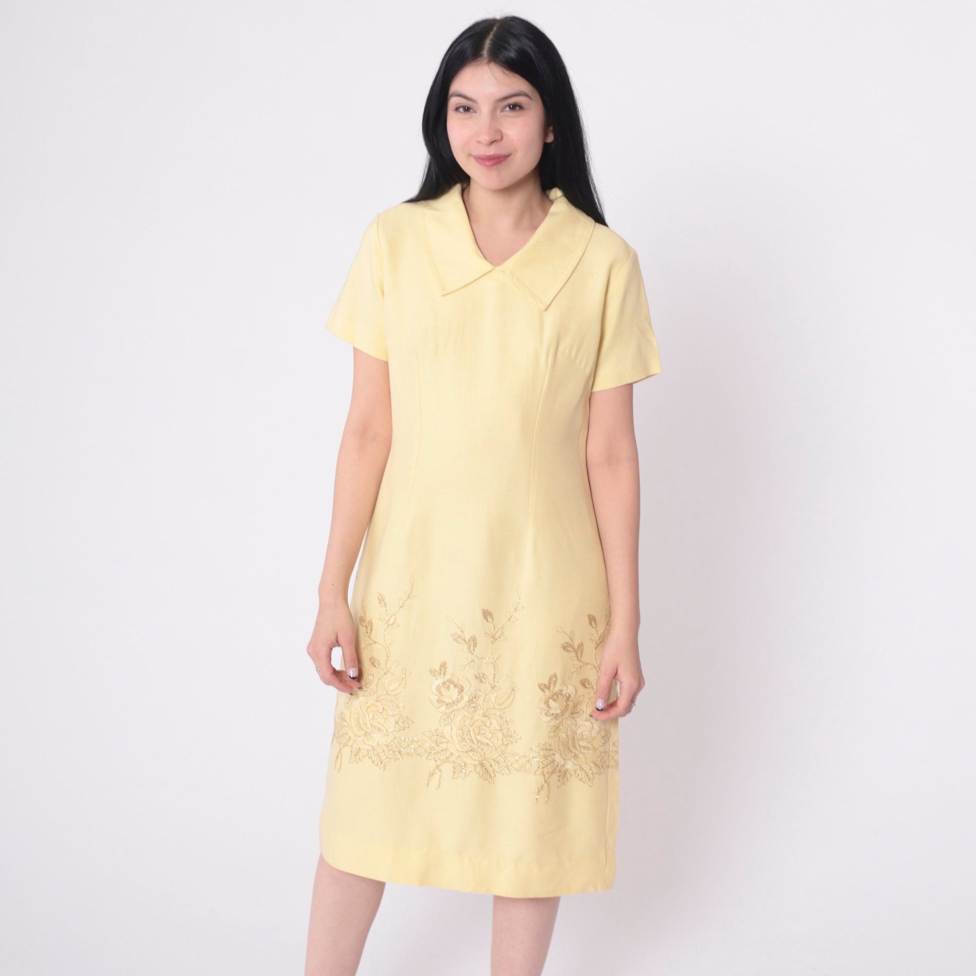 60s Mod Shift Dress Pale Yellow Metallic Gold Floral Embroidery Medium