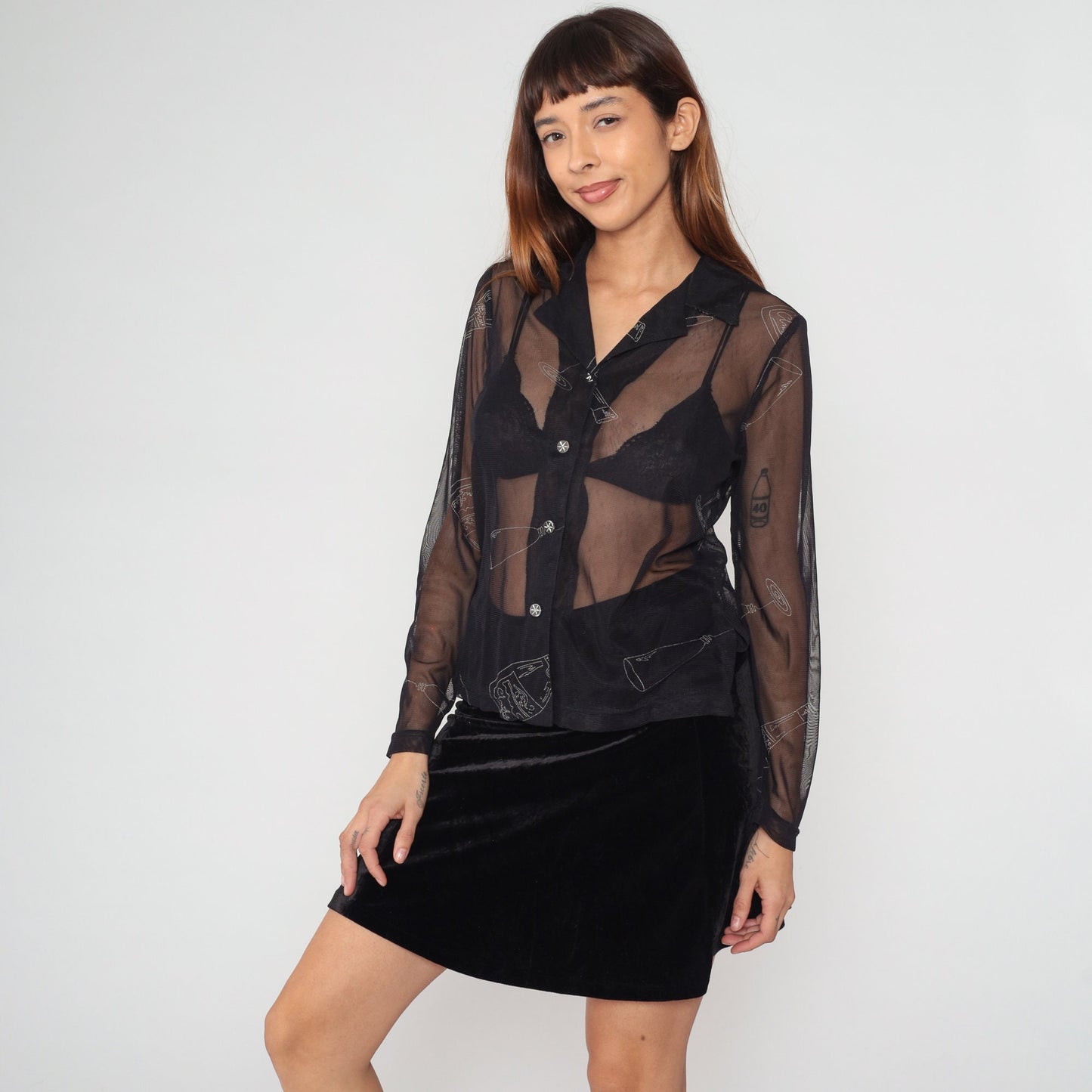 Y2K Black Mesh Blouse Champagne Bottle Glass Print Button-Up Long Sleeve Small S