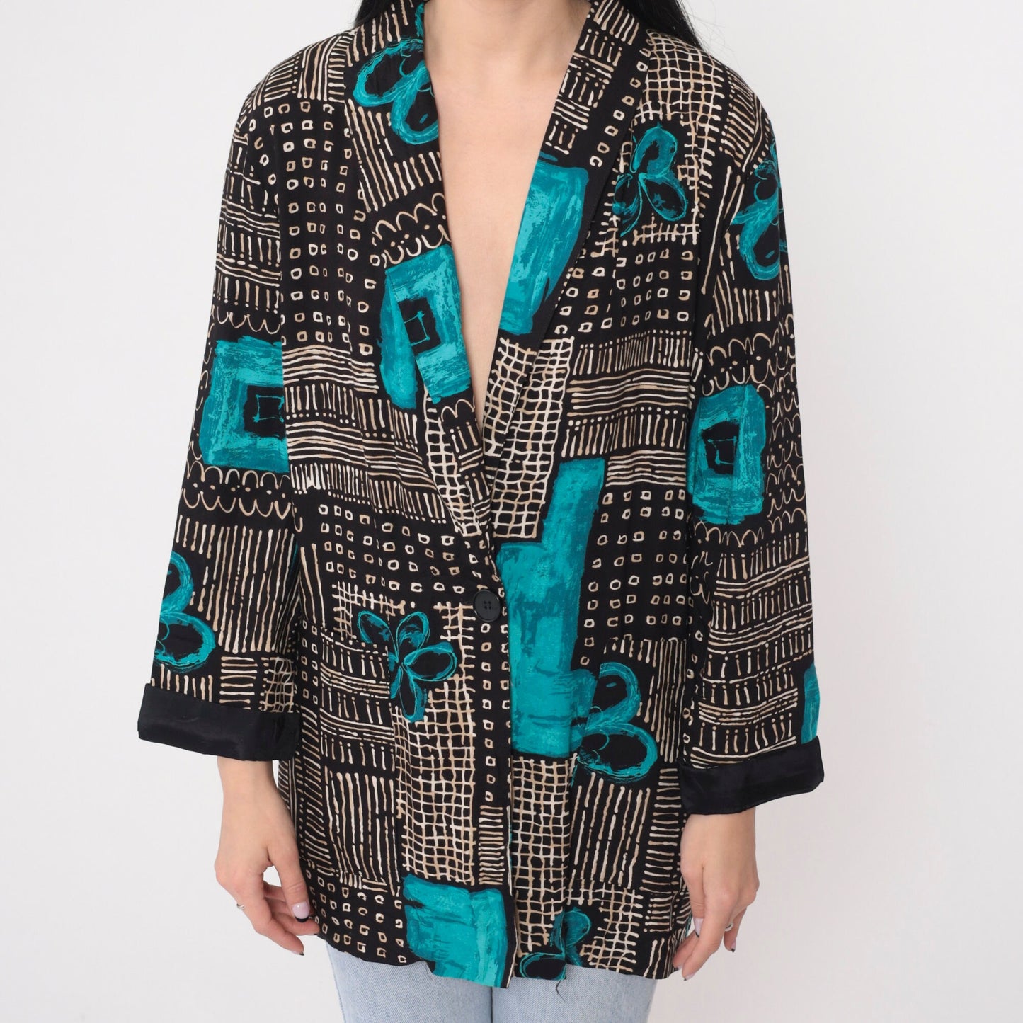 90s Kensington Square Blazer Black White Abstract Floral Print Blue Flowers Large L