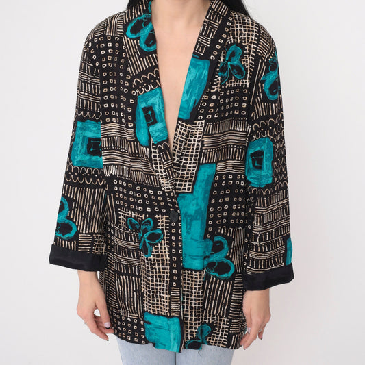 90s Kensington Square Blazer Black White Abstract Floral Print Blue Flowers Large L