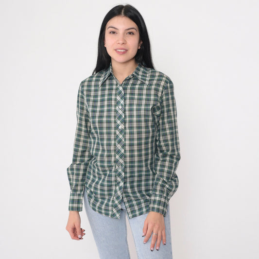 80s Plaid Button-Up Shirt Blue Green White Checkered Long Sleeve Small