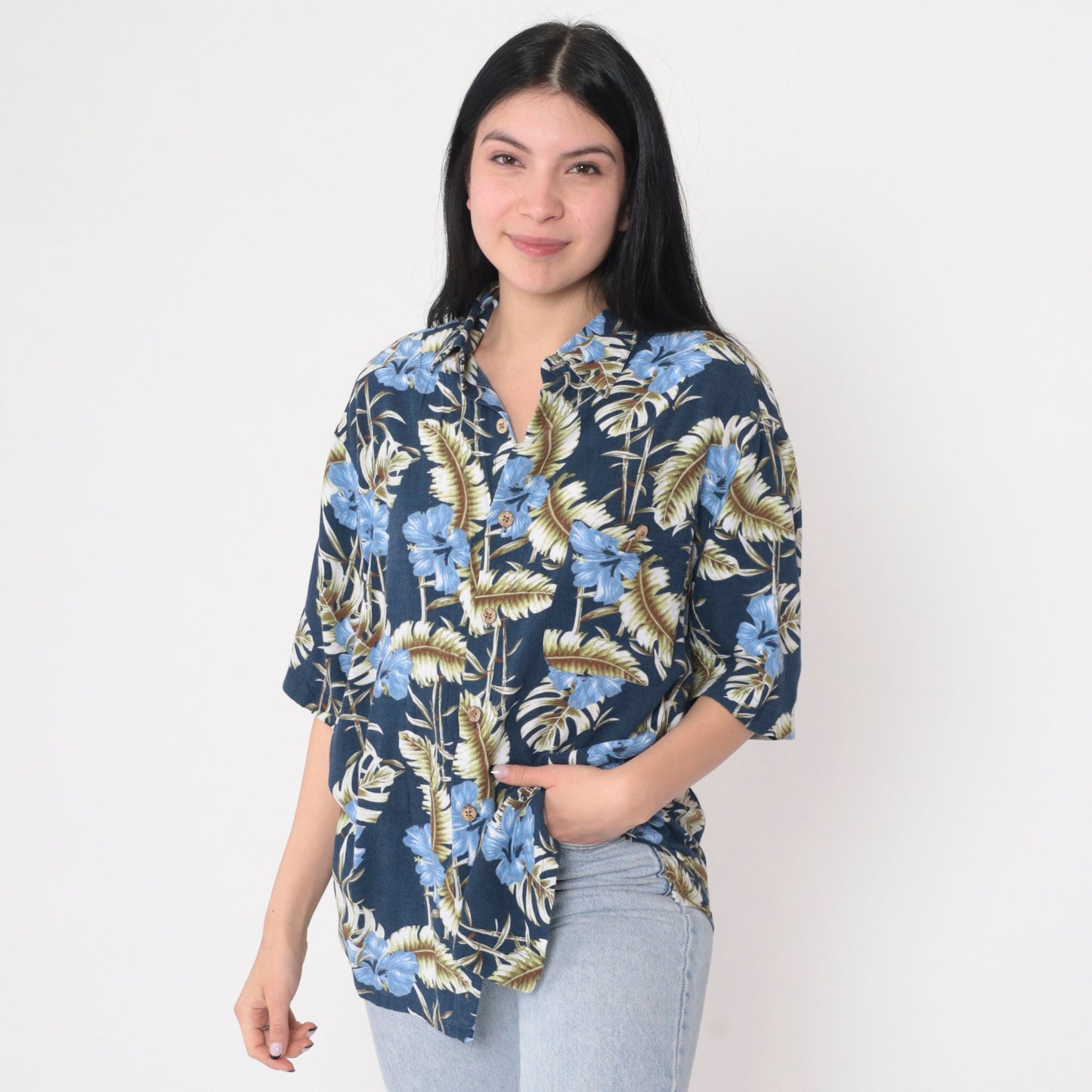 Y2K Blue Hawaiian Shirt Tropical Floral Hibiscus Button Up Medium M