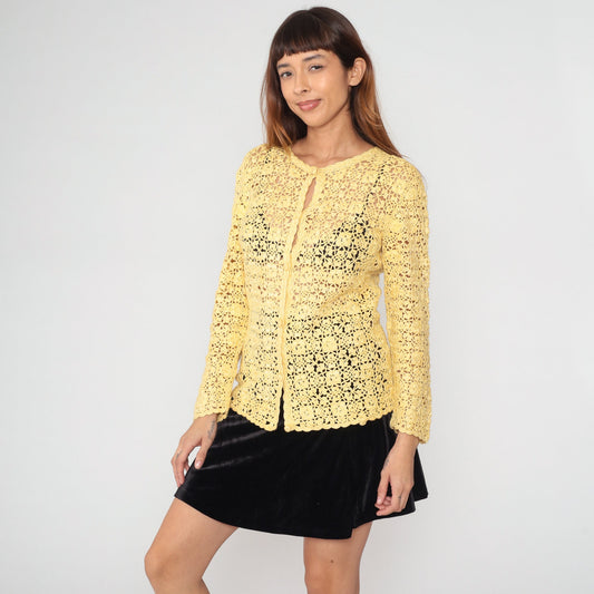80s Yellow Crochet Cardigan Floral Cutout Cotton Knit Medium