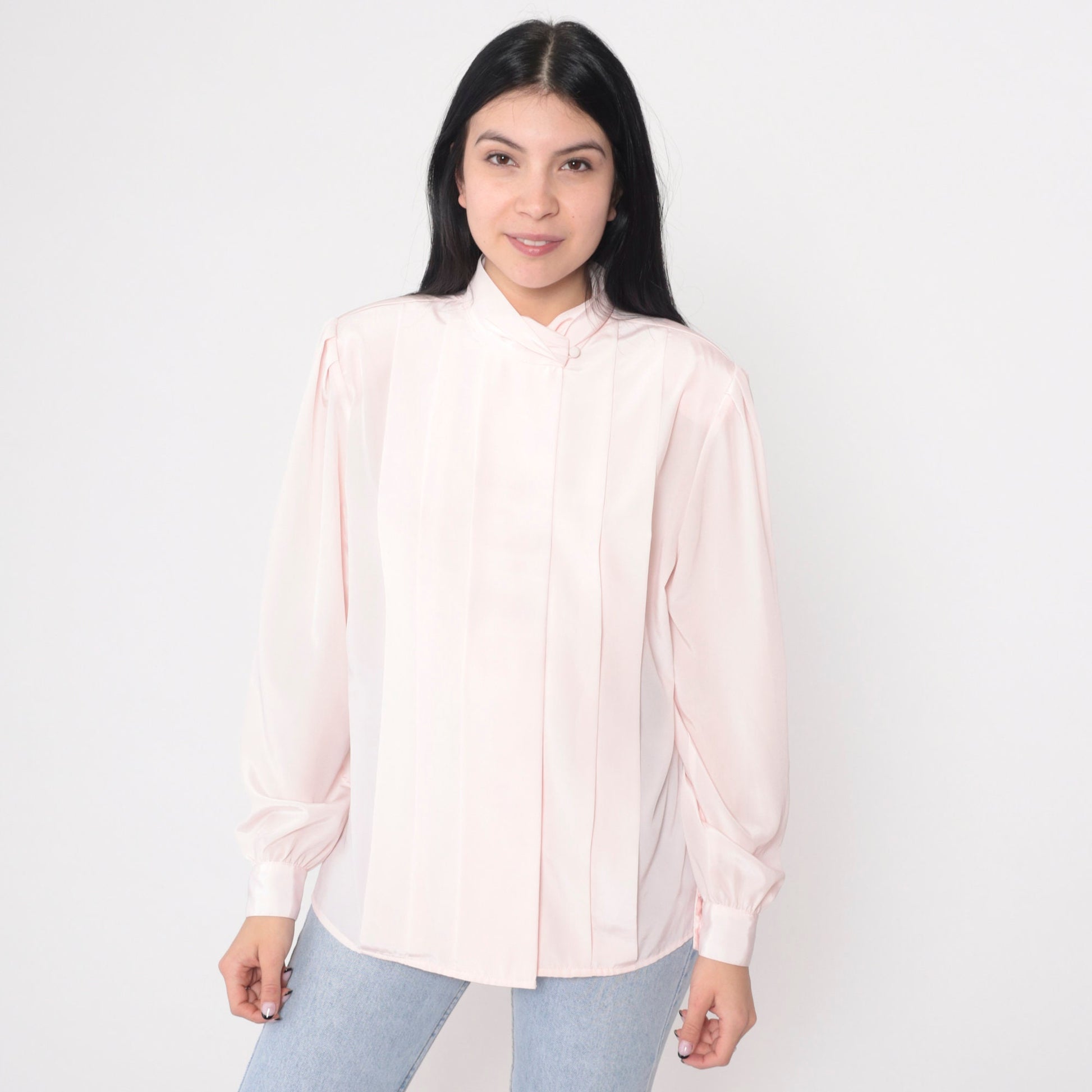 80s Baby Pink Pleated Blouse Puff Sleeve Button-Up Small
