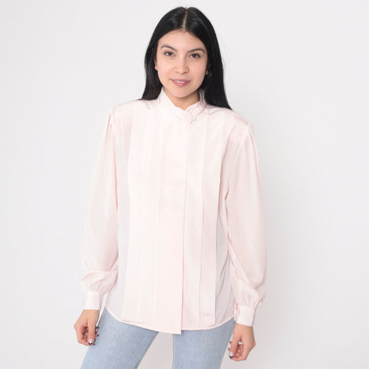 80s Baby Pink Pleated Blouse Puff Sleeve Button-Up Small