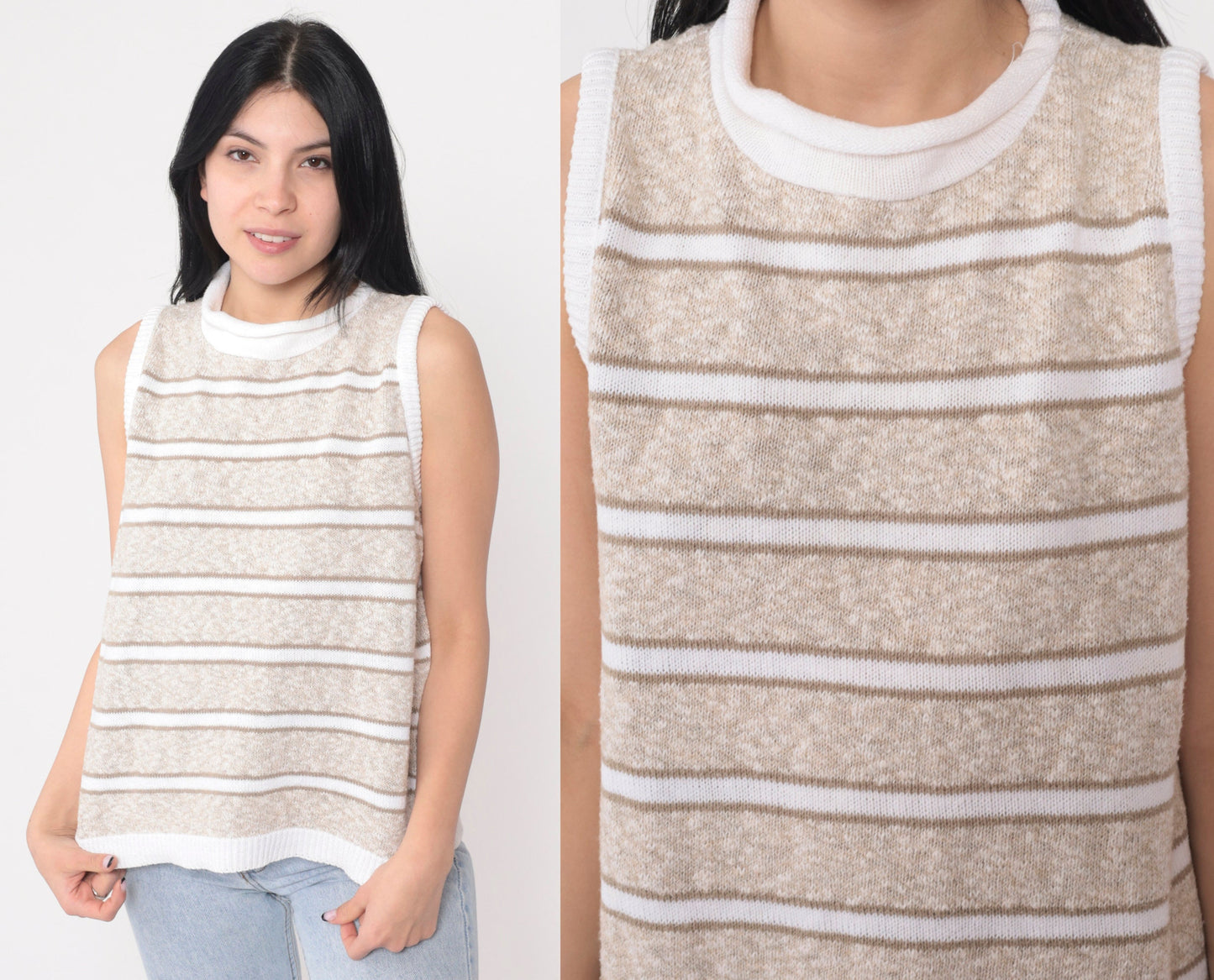 80s Striped Knit Sweater Vest Tan White Mock Neck Pullover Medium