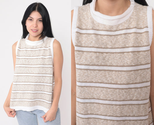 80s Striped Knit Sweater Vest Tan White Mock Neck Pullover Medium