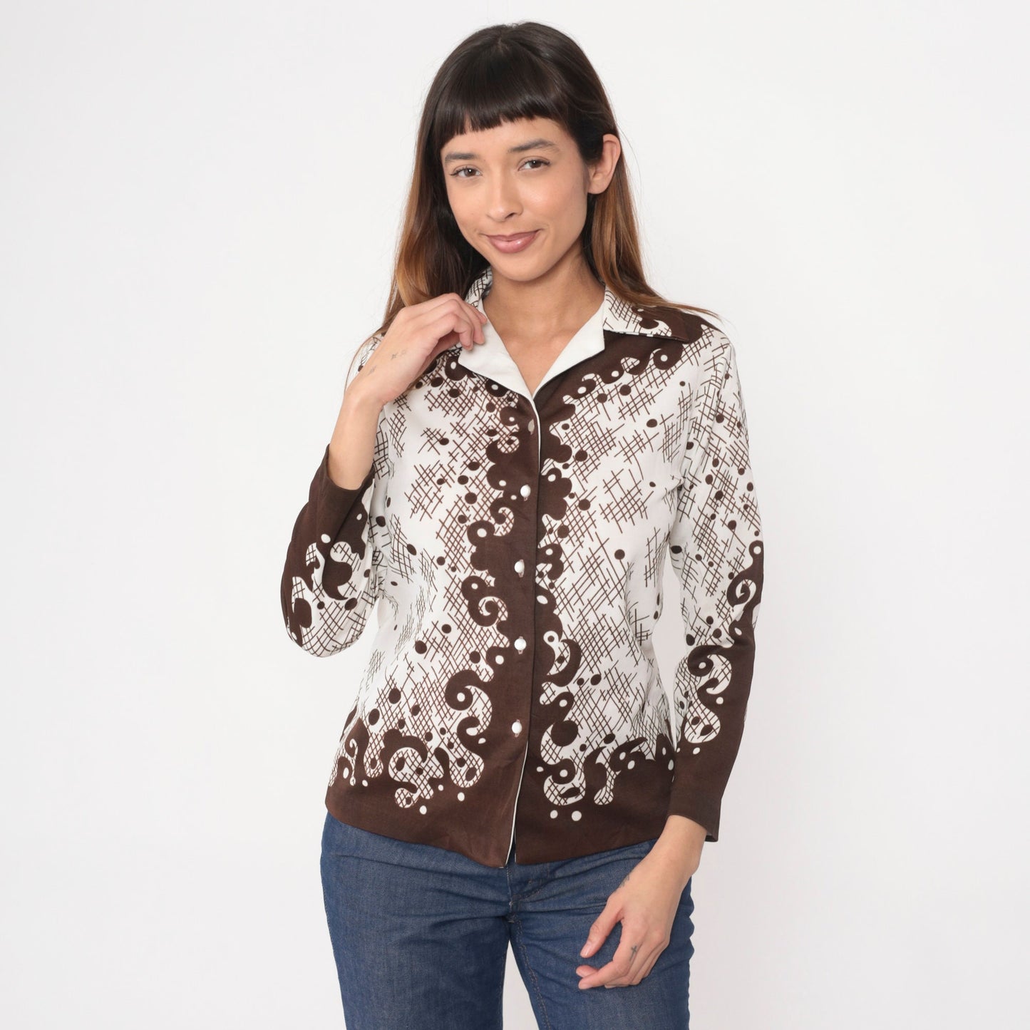 70s Swirl Print Button Up Shirt Brown White Abstract Plaid Dagger Collar Small
