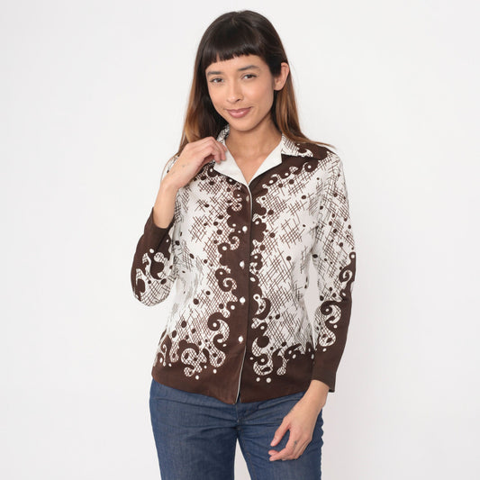 70s Swirl Print Button Up Shirt Brown White Abstract Plaid Dagger Collar Small