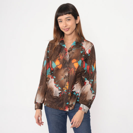 70s Teddi Tropical Leaf Print Button-Up Blouse Brown Long Sleeve Extra Large