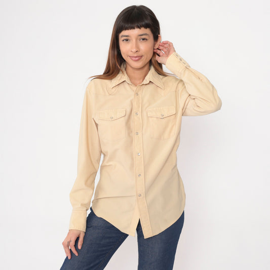 70s Western Pearl Snap Shirt Cream Ribbed Long Sleeve Large L