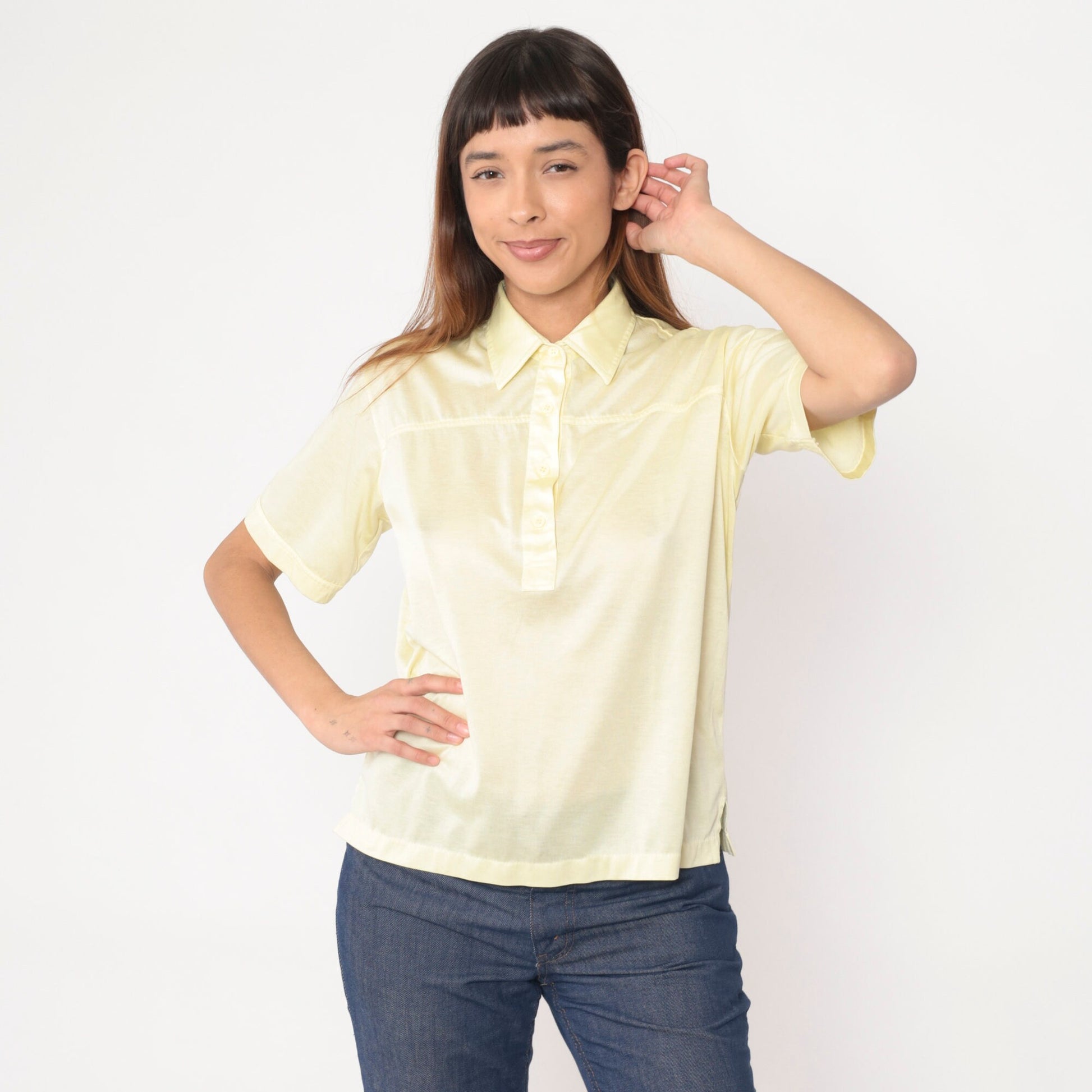 80s Yellow Polo Shirt Light Pastel Button-Up Collared Tee Medium