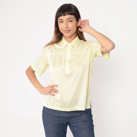 80s Yellow Polo Shirt Light Pastel Button-Up Collared Tee Medium