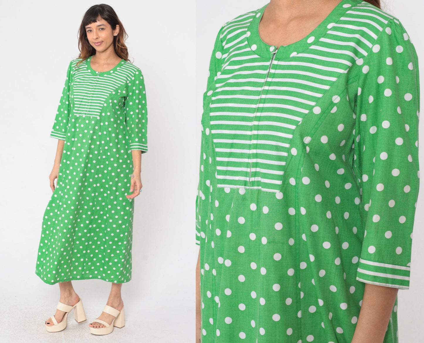70s Polka Dot Caftan Maxi Dress Green White Front Zip 3/4 Sleeve Medium