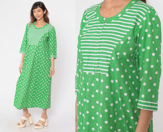 70s Polka Dot Caftan Maxi Dress Green White Front Zip 3/4 Sleeve Medium