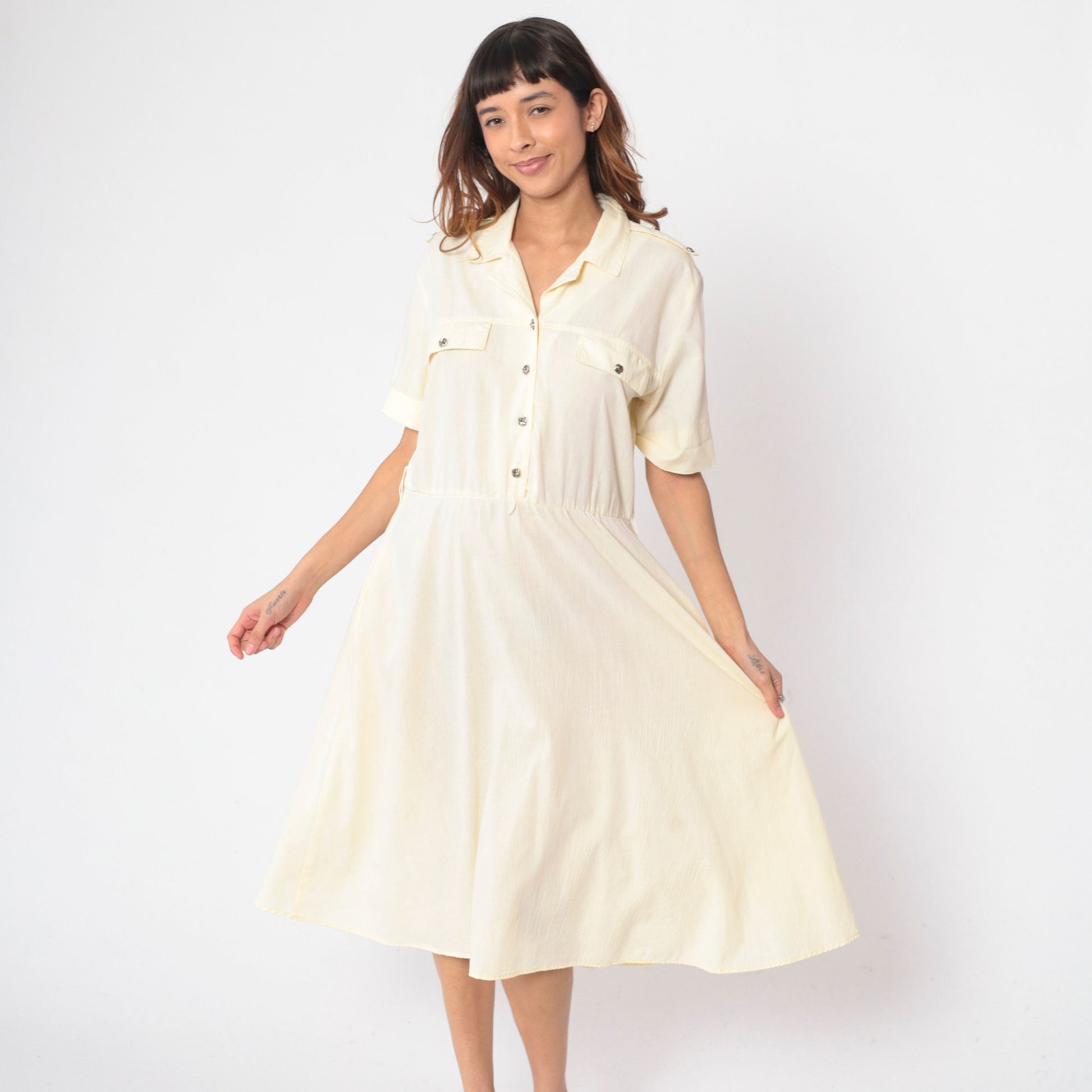 90s Pale Yellow Midi Shirt Dress High Waist Epaulette Button Up Large