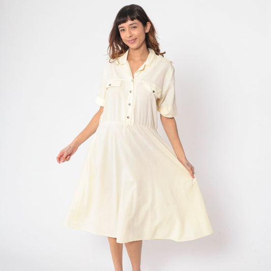 90s Pale Yellow Midi Shirt Dress High Waist Epaulette Button Up Large