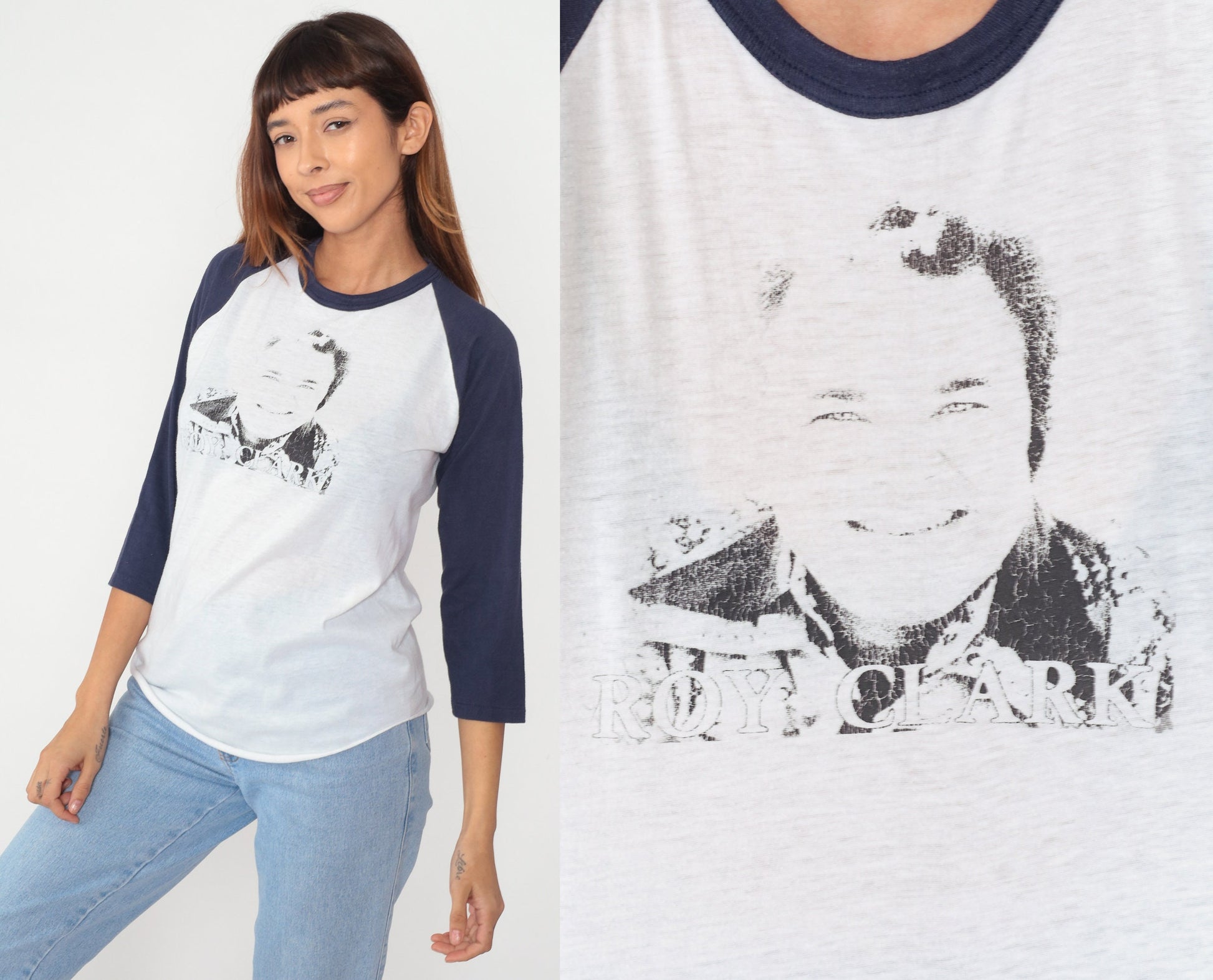 80s Roy Clark Country Music Baseball Tee Graphic T-Shirt White Blue Large