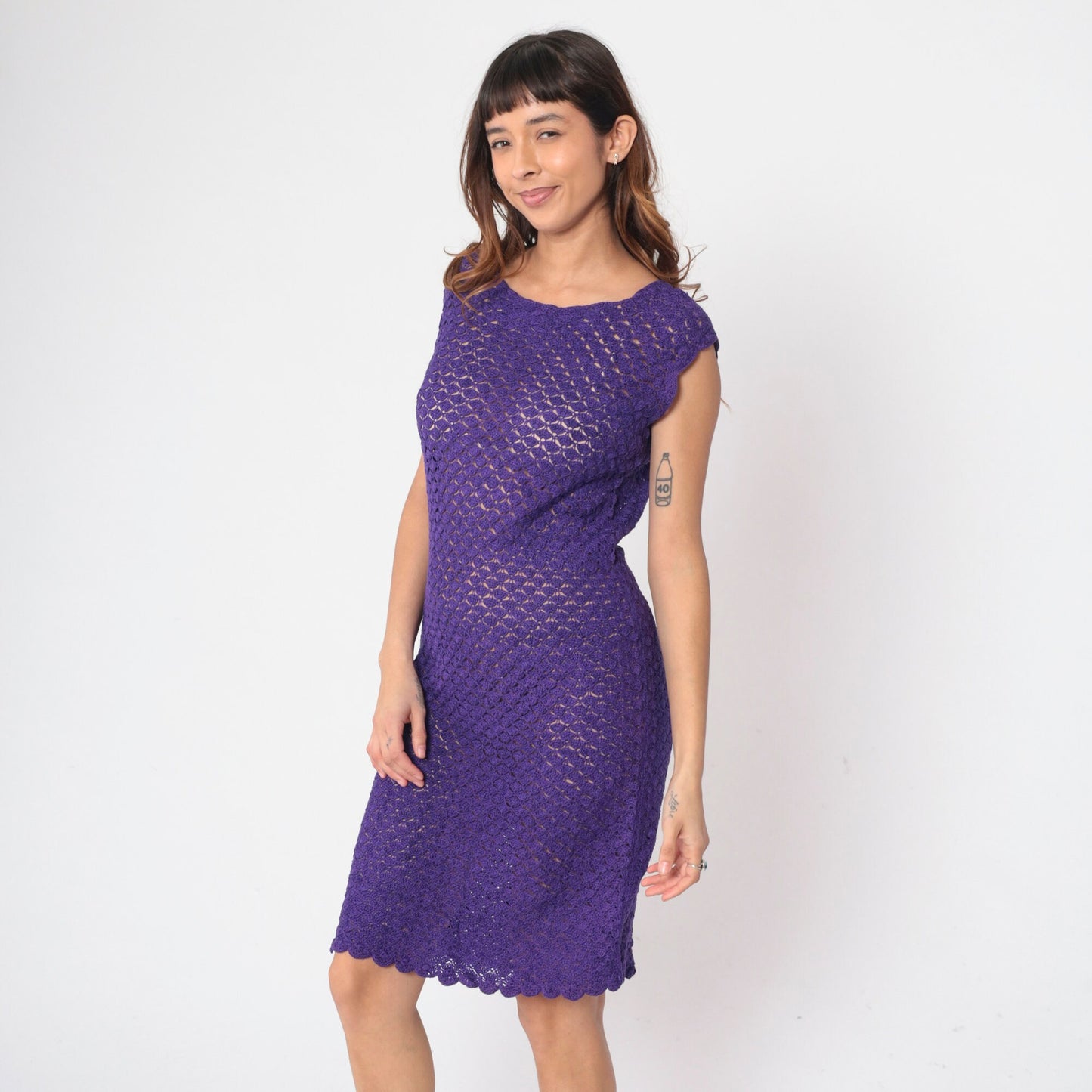 70s Purple Crochet Mini Dress Sheer Knit Shift Cut Cap Sleeve Small