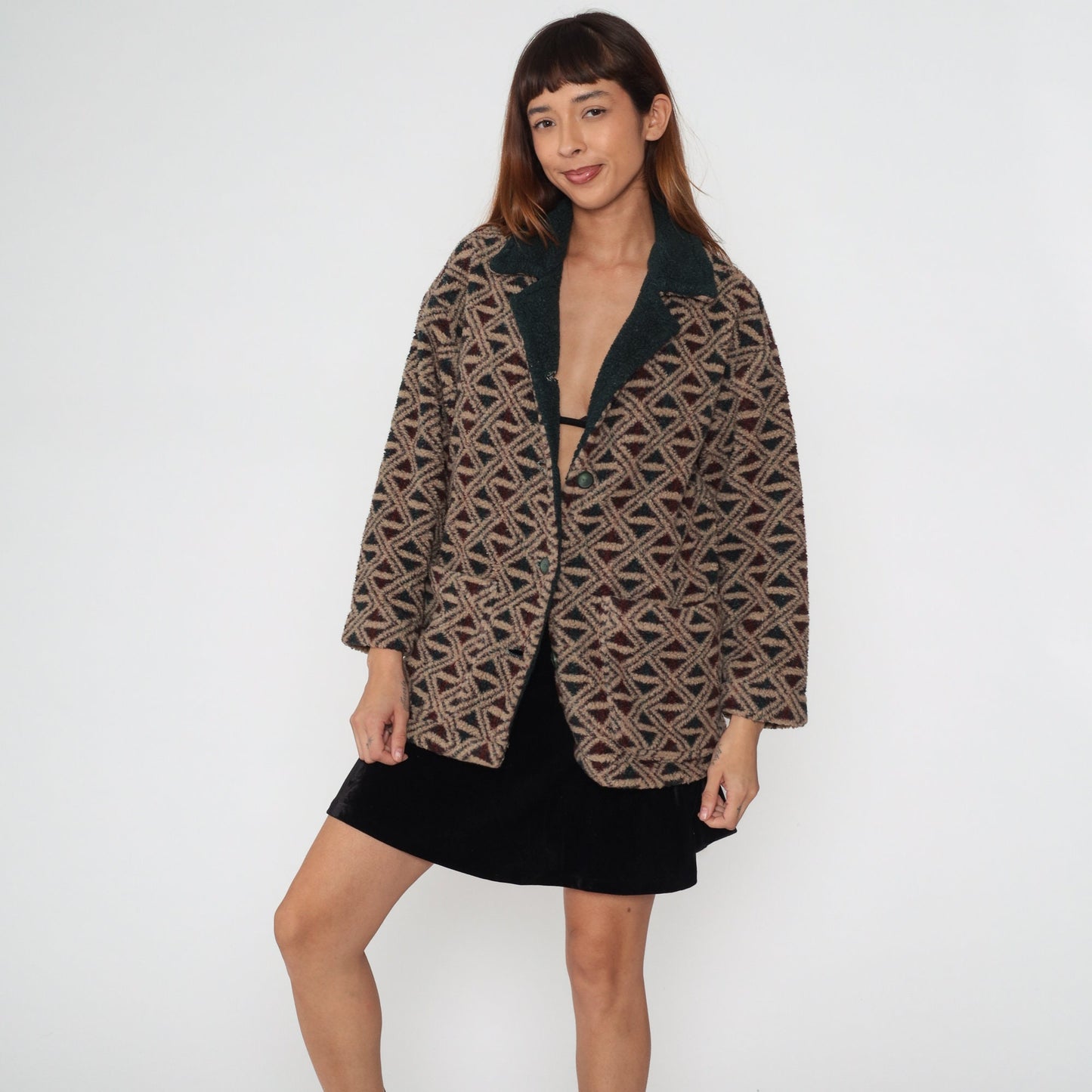 90s Fleece Jacket Abstract Geometric Print Button-Up Tan Green Medium M