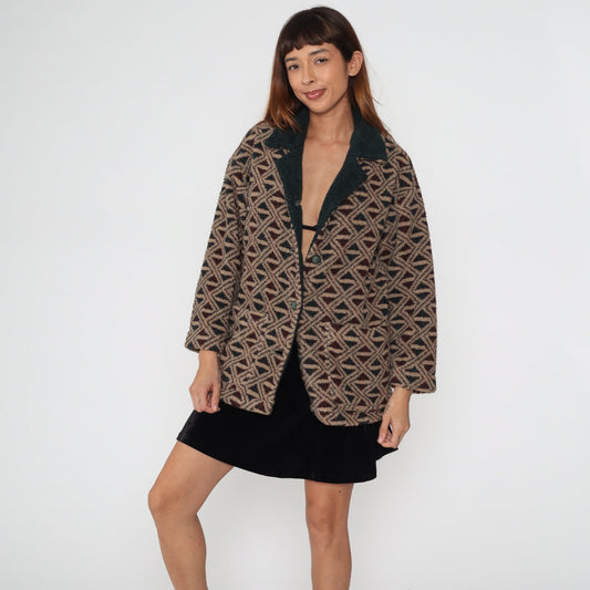 90s Fleece Jacket Abstract Geometric Print Button-Up Tan Green Medium M