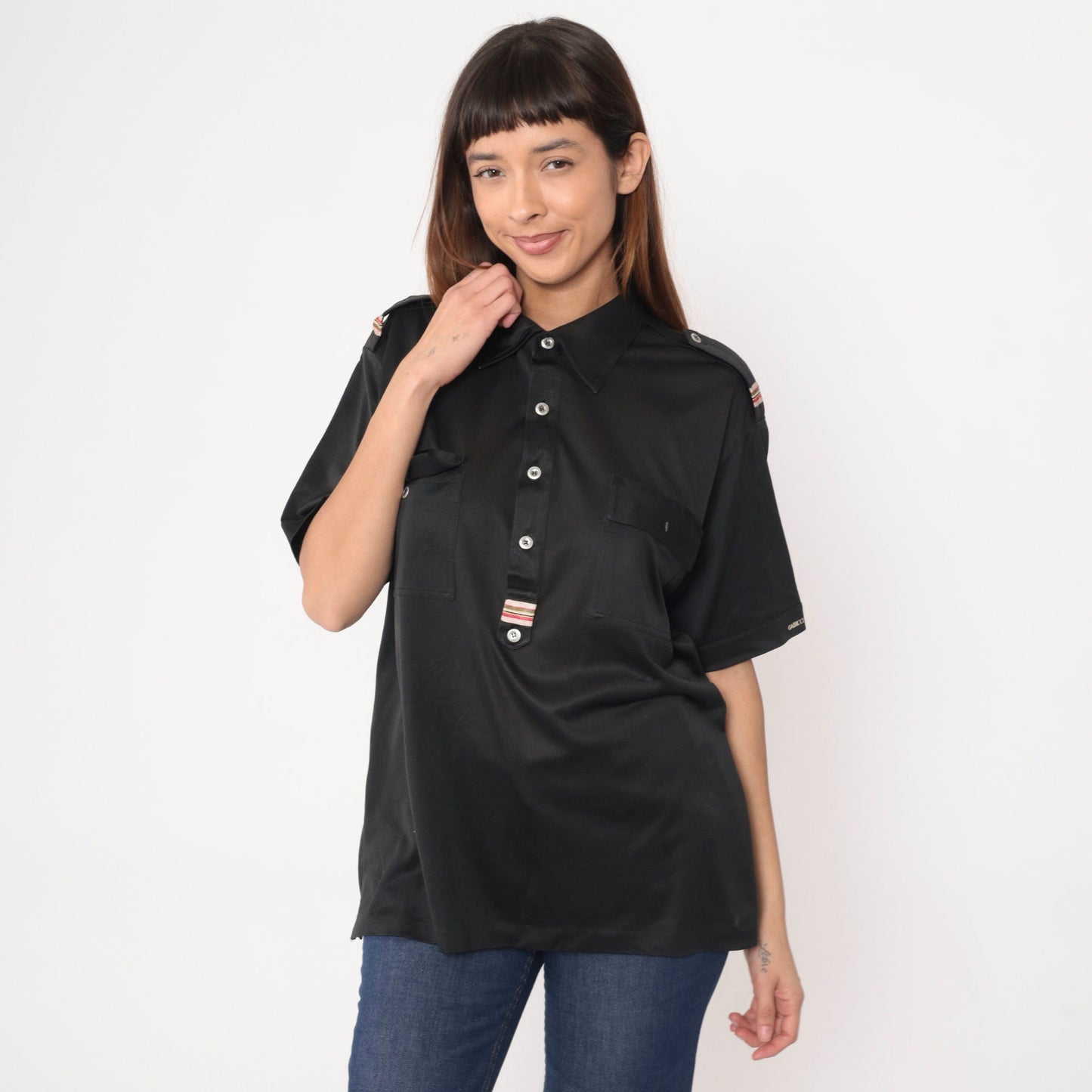 70s Black Polo Shirt Shoulder Epaulette Quarter Button Collar Large