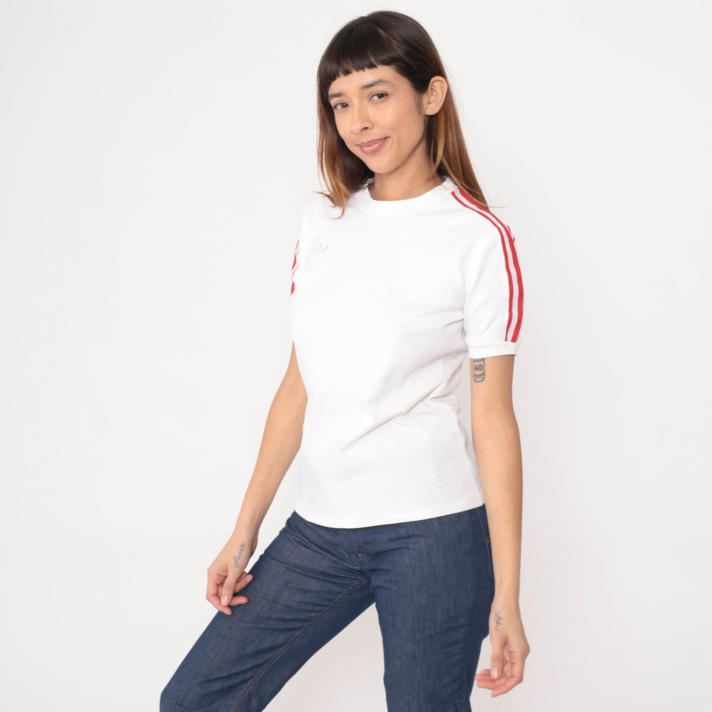 80s Adidas Trefoil Ringer T-Shirt White Nylon Red Stripes Medium