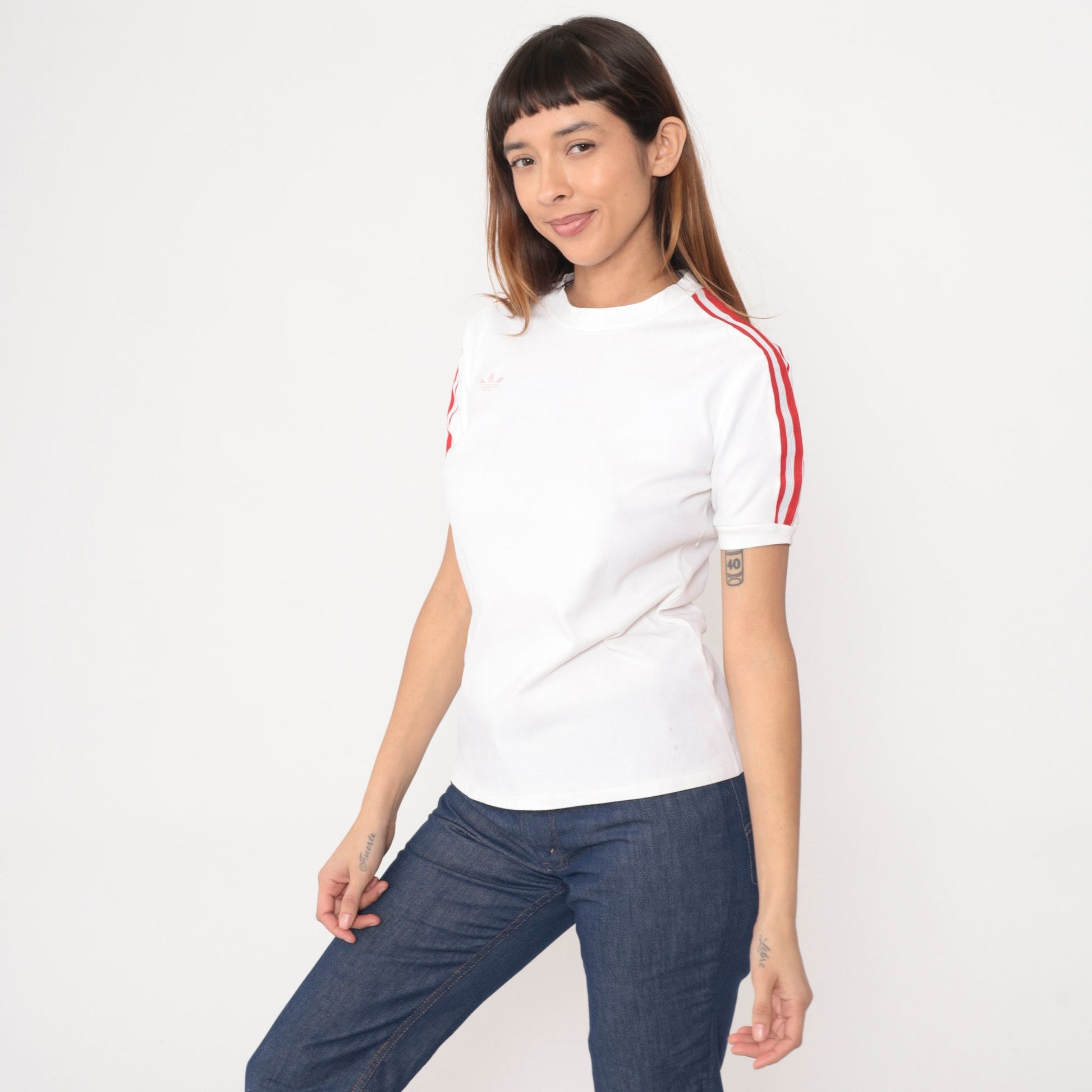 80s Adidas Trefoil Ringer T-Shirt White Nylon Red Stripes Medium