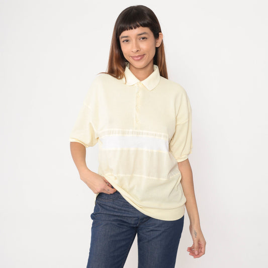 80s Onvoy Polo Shirt Light Yellow Waffle Knit White Stripe Large