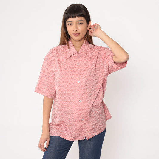 70s Pink Geometric Tile Print Button-Up Shirt Short Sleeve Men's Large