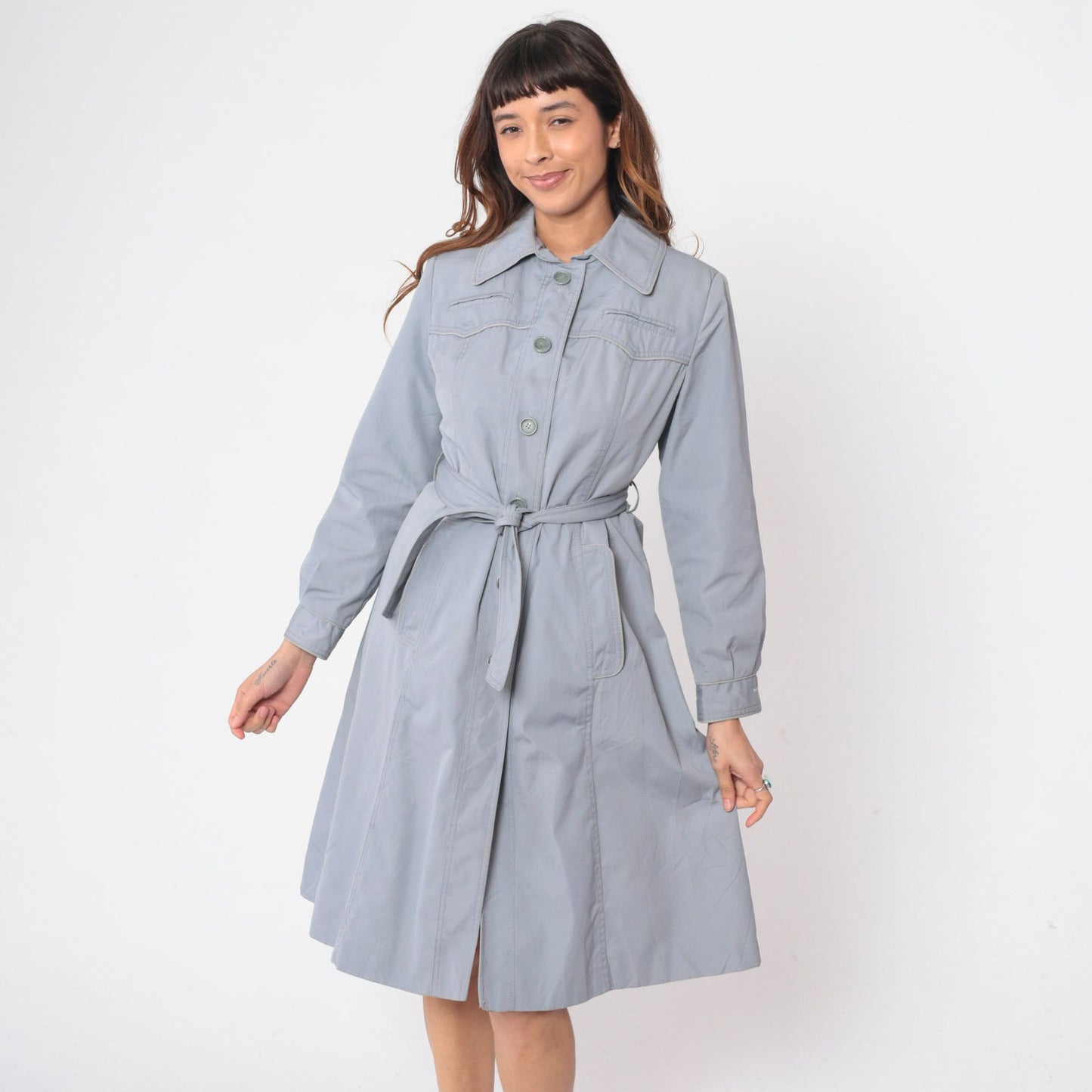 70s Muted Blue Trench Coat Western Yoke Button-Up Belted Jacket Small