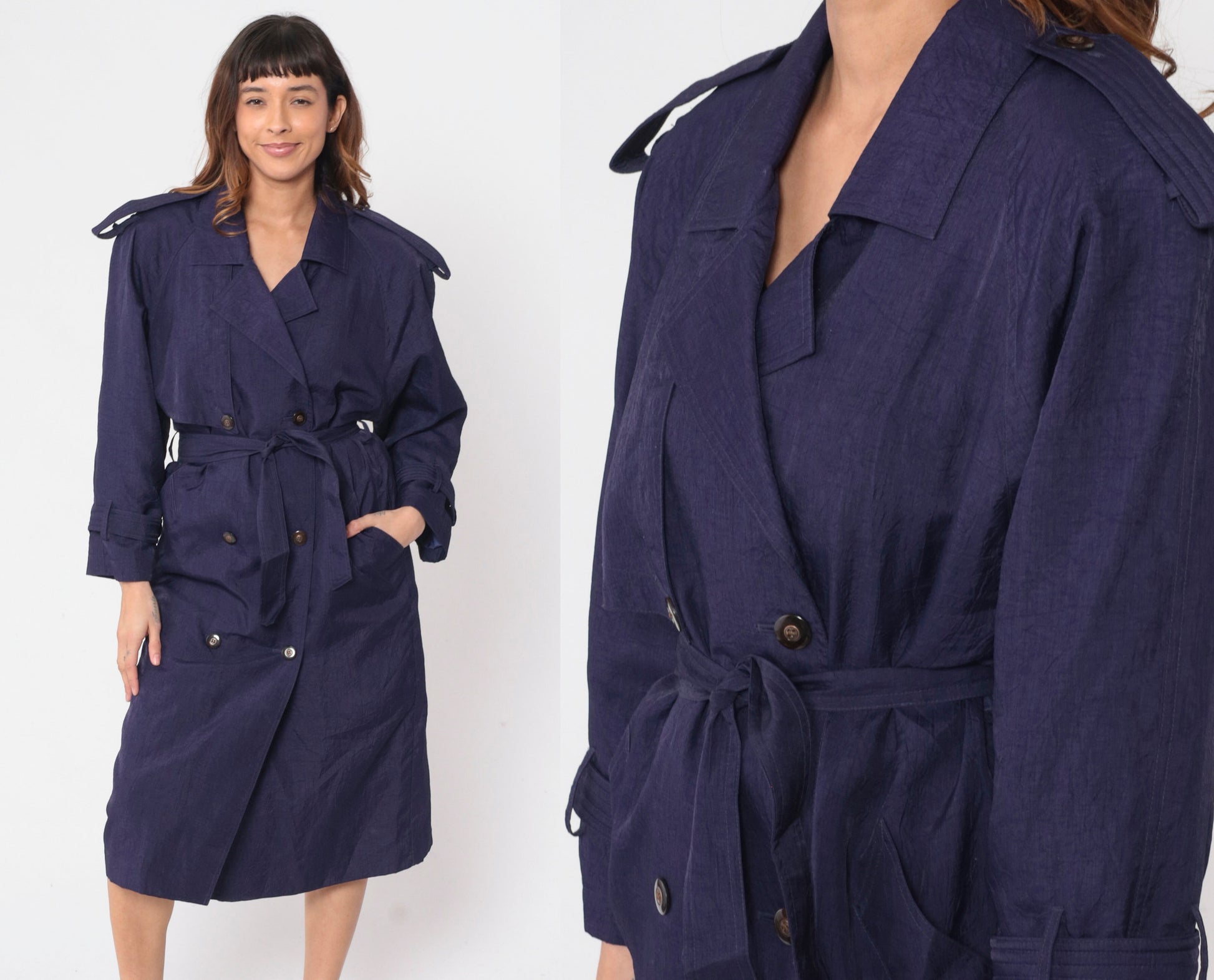 90s Purple Trench Coat Double Breasted Epaulette Belted Midi Jacket Medium
